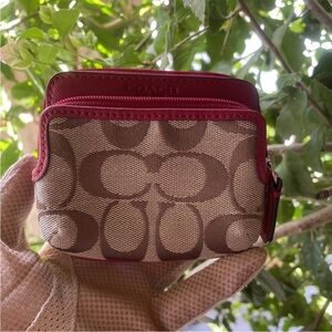 Sold - Coach Canvas Compact Wallet with Red Trim, EUC, double zip